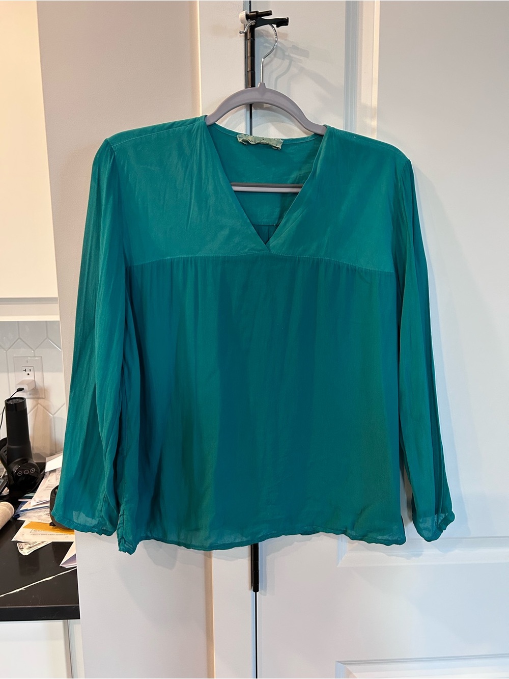 BSB Teal Soft Drape V-Neck Long Sleeve Top Lightweight Minimalist Flowy Blouse